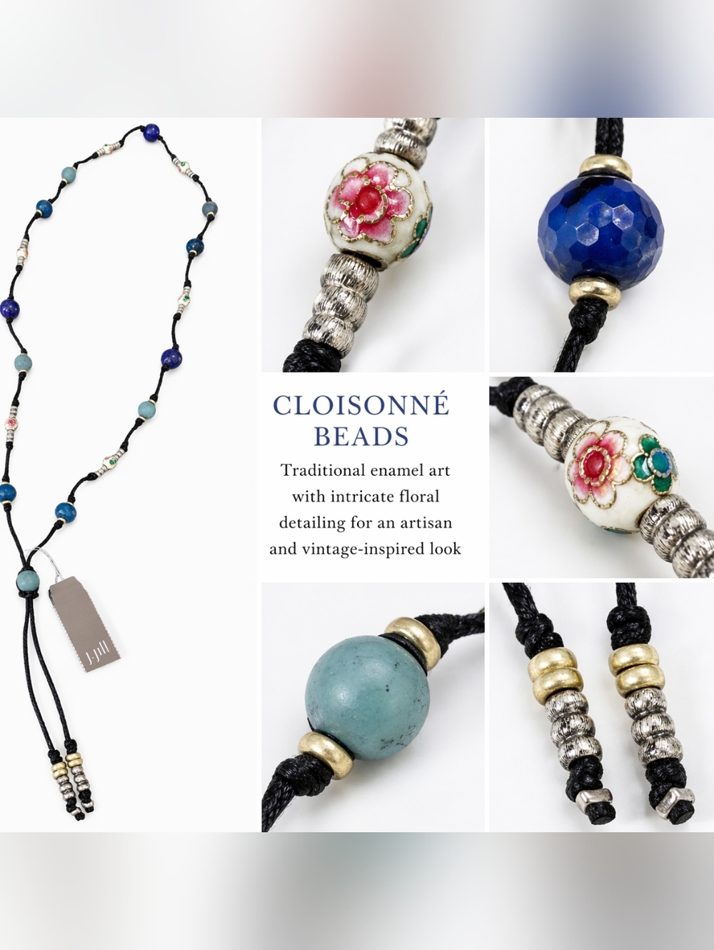 NWT J. Jill Cloisonné Beaded Necklace Adjustable Cord Blue Boho Coastal